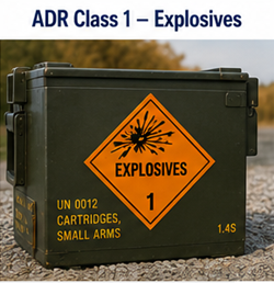 Transport de matières explosives avec étiquettes d’avertissement ADR Classe 1 et procédures de sécurité