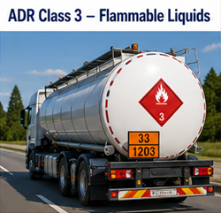 Camion-citerne transportant des liquides inflammables avec panneaux de danger ADR Classe 3