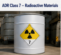 Transport de matières radioactives avec symboles de danger ADR Classe 7 et conteneurs protégés