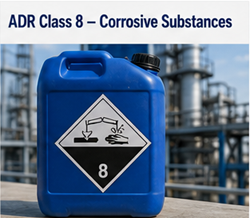 Produits chimiques corrosifs en conteneurs industriels avec étiquettes d’avertissement ADR Classe 8