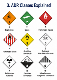 Tableau des classes de danger ADR montrant les catégories de marchandises dangereuses et les étiquettes d’avertissement