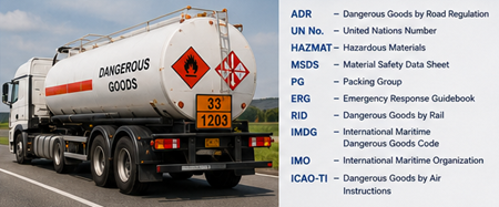 Camion ADR transportant des marchandises dangereuses avec étiquettes de danger et numéros ONU en Europe