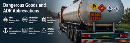 Camion ADR transportant des marchandises dangereuses avec étiquettes de danger et numéros ONU sur une autoroute européenne