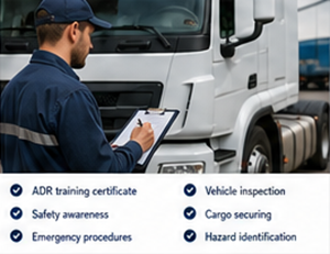 Conducteur certifié ADR inspectant un véhicule de transport de marchandises dangereuses en Europe