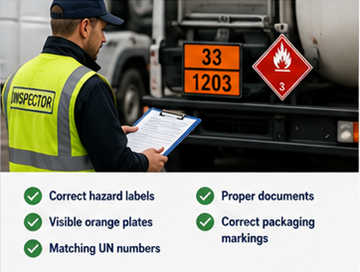 Contrôle routier ADR vérifiant les étiquettes de danger et les plaques orange