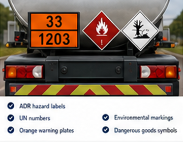Panneaux orange ADR, étiquettes de danger et numéros ONU sur un camion transportant des marchandises dangereuses