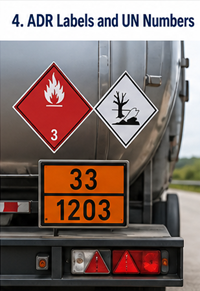 Étiquettes ADR plaques orange et numéros ONU sur un camion de transport de marchandises dangereuses