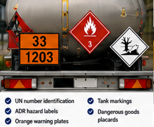 Plaques orange ADR et marquages marchandises dangereuses affichés sur un camion de transport