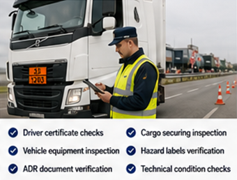 Contrôle routier ADR d’un camion et d’un conducteur transportant des marchandises dangereuses en Europe