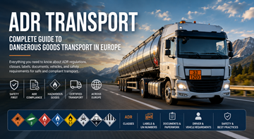 Camion de transport ADR transportant des marchandises dangereuses sur une autoroute européenne avec plaques orange de danger et marquages de sécurité