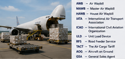 Opérations de fret aérien avec avion cargo, logistique aéroportuaire et abréviations du transport aérien international et des procédures douanières