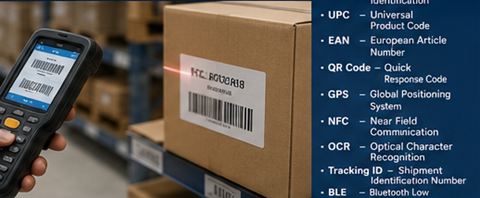 Employé d’entrepôt scannant des étiquettes RFID et des codes-barres pendant la gestion des stocks