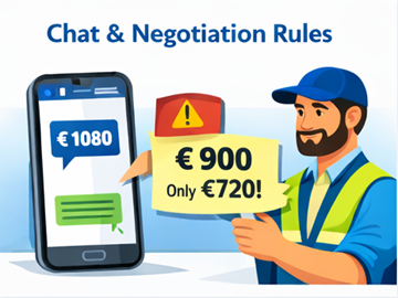 Transporteur utilisant une application mobile pour négocier un prix de transport dans le chat, montrant un calcul de commission correct et incorrect