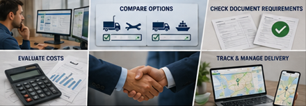 Choix entre services de transport national ou international avec planification logistique, itinéraires, camions et opérations de fret