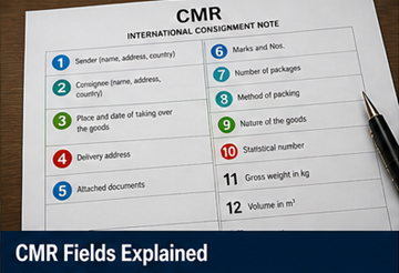 Vue détaillée des champs du formulaire CMR montrant l’expéditeur, le destinataire, la description des marchandises et les sections de signature