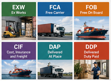 Aperçu des Incoterms courants, notamment EXW, FOB, CIF, DDP et DAP en logistique mondiale