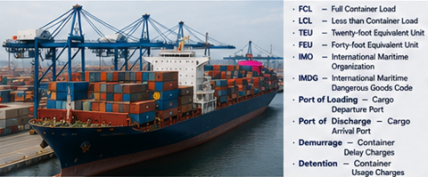 Opérations de transport conteneurisé avec navires, terminaux portuaires et abréviations du fret maritime et de la logistique internationale