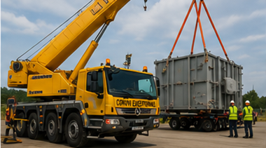 Camion-grue chargeant une charge hors gabarit lors d’une opération de convoi lourd
