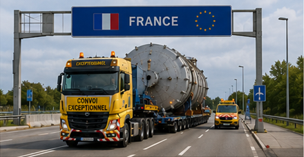 Convoi international de transport hors gabarit traversant des frontières européennes
