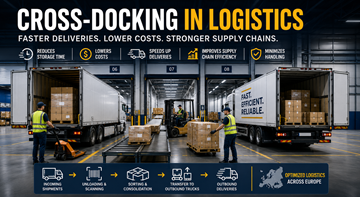 Entrepôt de cross-docking avec des camions chargeant et déchargeant des marchandises dans un centre logistique européen moderne