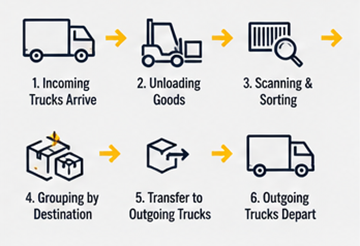 Flux de cross-docking avec camions logistiques entrants et sortants