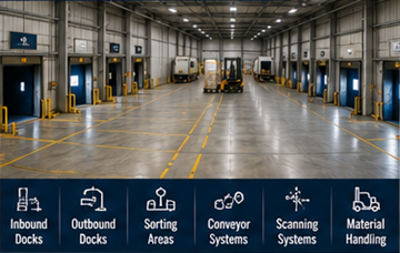 Terminal de cross-docking avec quais de chargement, camions et opérations de tri