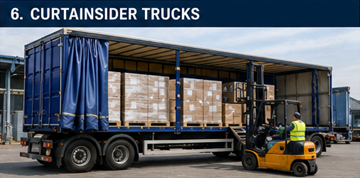 Camion bâché en cours de chargement de palettes dans un centre logistique européen