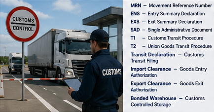Processus de dédouanement à la frontière internationale avec documents de fret et abréviations pour les opérations import-export
