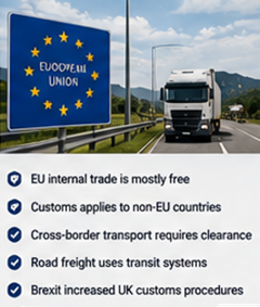 Camions européens franchissant les frontières et effectuant des formalités douanières en opérations logistiques