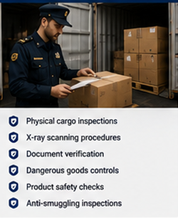 Agents des douanes inspectant des conteneurs et des véhicules de transport dans un terminal frontalier