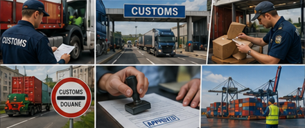 Inspections douanières, contrôle aux frontières, camions de fret et opérations de dédouanement international