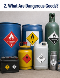 Exemples de marchandises dangereuses incluant produits chimiques carburant bouteilles de gaz batteries et liquides industriels