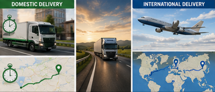 Illustration des délais de livraison nationaux et internationaux avec camions logistiques, avions, cartes et itinéraires de transport