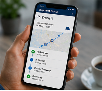 Client utilisant une application mobile de suivi de livraison avec mises à jour d’expédition en direct et notifications