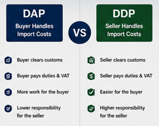 Comparaison visuelle entre les responsabilités DDP et DAP en logistique internationale