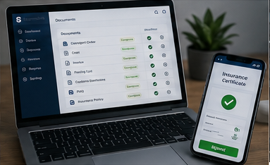 Plateforme logistique numérique affichant des attestations d’assurance en ligne et la gestion des documents de transport