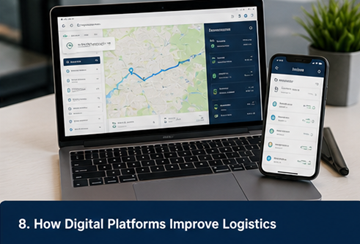 Tableau de bord d’une plateforme logistique numérique affichant le suivi, la communication et les commandes de transport