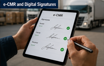 Conducteur signant un document de transport numérique sur une tablette, représentant la signature électronique e-CMR