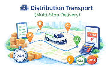 Transport de distribution avec plusieurs arrêts de livraison sur un même itinéraire, montrant une logistique multi-arrêts et une tarification flexible