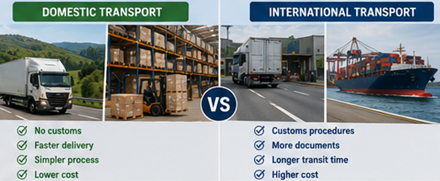 Comparaison du transport national et international avec camions locaux, inspections douanières, ports et logistique internationale du fret