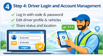 Chauffeur professionnel se connectant à son compte ExusTrans avec un code d’accès et gérant son profil, son statut et sa localisation