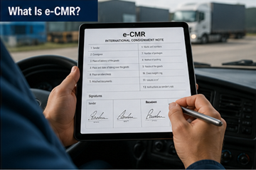 Document CMR numérique affiché sur une tablette utilisée par un conducteur dans un environnement de transport logistique