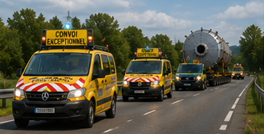 Véhicules d’escorte accompagnant un convoi de transport hors gabarit sur une autoroute européenne