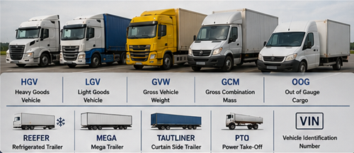 Différents véhicules de transport commercial en Europe, dont camion frigorifique, méga-remorque, semi-remorque à rideaux coulissants, fourgon et plateau