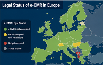 Carte de l’Europe montrant les pays où l’e-CMR est légalement accepté pour les documents de transport numériques