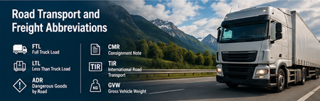 Camion de fret européen transportant des marchandises sur autoroute, illustrant les abréviations du transport routier