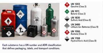 Exemples de marchandises dangereuses ADR : carburants, produits chimiques, batteries et bouteilles de gaz