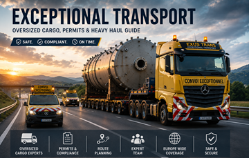 Convoi de transport exceptionnel transportant une cargaison industrielle hors gabarit à travers l’Europe au coucher du soleil