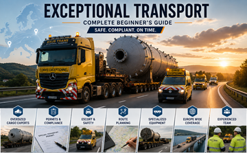 Camion de transport exceptionnel transportant une charge industrielle hors gabarit sur une autoroute européenne avec des véhicules d’escorte