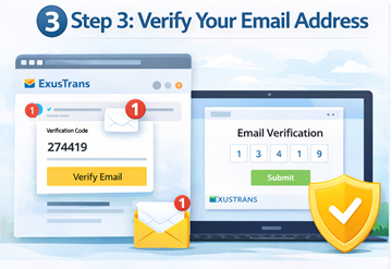 Vérification de l’adresse e-mail sur ExusTrans avec code de confirmation numérique lors de l’inscription client